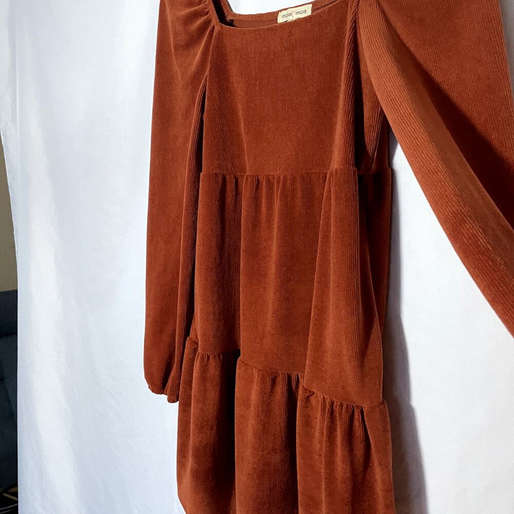 Moa Moa S deep orange corduroy minidress tiered skirt square neck long sleeves - Picture 3 of 7
